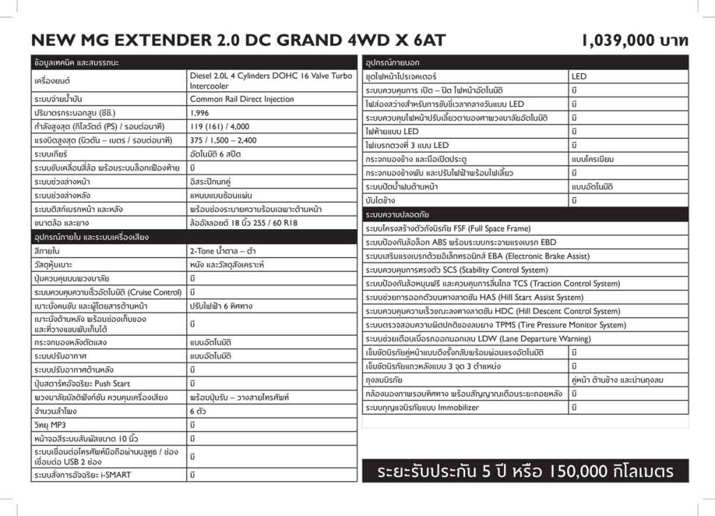 ข้อมูลรถยนต์ New MG Extender
